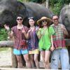 Group photo with two elephants