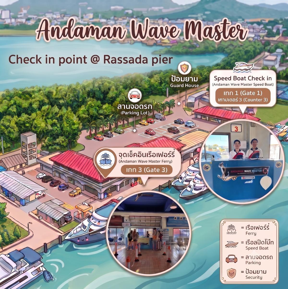 จุดเช็กอิน Andaman Wave Master ที่ Rassada Pier: เรือเฟอร์รี่ที่ประตู 3 (Gate 3) และสปีดโบ๊ทที่ประตู 1 (Gate 1) เคาน์เตอร์ 3 (Counter 3)