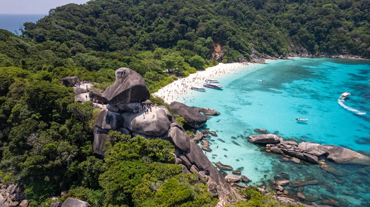 Aerial view of Sail Rock and the bay on Island 8