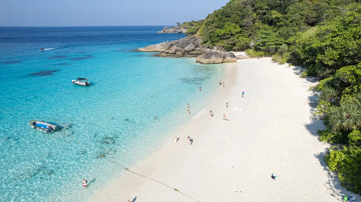 Aerial view of a white-sand beach in the Similan Islands